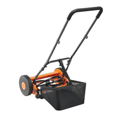 Push Reel Lawn Mower 35 cm, 5 Blades Manual Push Mower No Motor, 15-45 mm Adjustable Cutting Height, Walk-Behind Lawn Mowers with Grass Catcher Bag for Green Lawns, Driveways, Courtyards