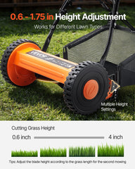 40cm Push Reel Lawn Mower 5-Blade Adjustable Height Grass Catcher 2-Wheel