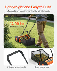 40cm Push Reel Lawn Mower 5-Blade Adjustable Height Grass Catcher 2-Wheel