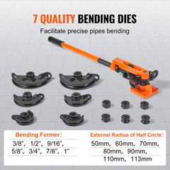 Pipe Tube Bender, 3/8" to 1" OD Manual Pipe Tube Bender with 7 Bending Dies, 180° Copper Aluminum Pipes Bending Tools for HVAC Air Conditioning Refrigerator Auto Repair