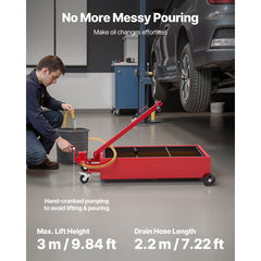 Low Profile Oil Drain Pan, 75.7 L Capacity, Rolling Oil Drain Pan with Manual Pump, 2.2 m Hose & T Folding Handle, Leak-proof & Corrosion-resistant, Fit for Cars, SUVs, Trucks, ATVs, Red