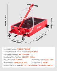 Low Profile Oil Drain Pan, 75.7 L Capacity, Rolling Oil Drain Pan with Manual Pump, 2.2 m Hose & T Folding Handle, Leak-proof & Corrosion-resistant, Fit for Cars, SUVs, Trucks, ATVs, Red