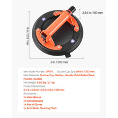 Vacuum Suction Cup, 203 mm Vacuum Glass Lifter with Metal Handle, 195 kg Max Lifting Capacity Tile Suction Cup Tool with Carrying Case for Lifting Large Tile, Granite, Drywall, Windows (2-Pack)