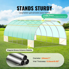 Walk-in Tunnel Greenhouse, 19.4x9.7x6.5 ft Hoop House Greenhouse Tunnel, Plant Hot House with Galvanized Steel Frame, Green PE Cover, Roll-up Zipper Door and 12 Windows for Outdoor