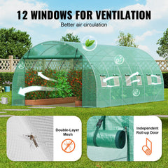 Walk-in Tunnel Greenhouse, 19.4x9.7x6.5 ft Hoop House Greenhouse Tunnel, Plant Hot House with Galvanized Steel Frame, Green PE Cover, Roll-up Zipper Door and 12 Windows for Outdoor