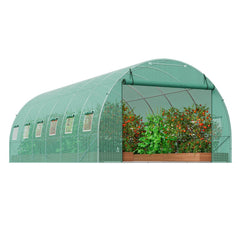 Walk-in Tunnel Greenhouse, 19.4x9.7x6.5 ft Hoop House Greenhouse Tunnel, Plant Hot House with Galvanized Steel Frame, Green PE Cover, Roll-up Zipper Door and 12 Windows for Outdoor