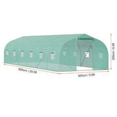 Walk-in Tunnel Greenhouse, 29.5x9.8x6.6 ft Hoop House Greenhouse Tunnel, Peaked Roof Plant Hot House with Galvanized Steel Frame, Green PE Cover, Roll-up Zipper Door and 12 Windows for Outdoor