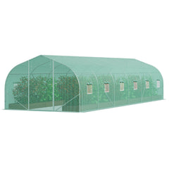 Walk-in Tunnel Greenhouse, 29.5x9.8x6.6 ft Hoop House Greenhouse Tunnel, Peaked Roof Plant Hot House with Galvanized Steel Frame, Green PE Cover, Roll-up Zipper Door and 12 Windows for Outdoor