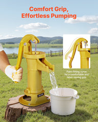 Well Hand Pitcher Pump, 25 ft Maximum Lift, Antique Cast Iron Manual Hand Water Pump, NPT 1-1/4 in Connection, Easy Installation, Old Fashioned for Outdoor Garden, Pond, Backyard, Farm, Yellow
