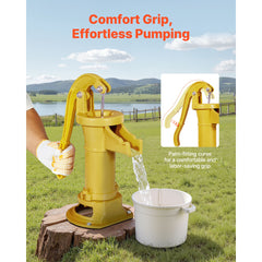 Well Hand Pitcher Pump, 25 ft Maximum Lift, Antique Cast Iron Manual Hand Water Pump, NPT 1-1/4 in Connection, Easy Installation, Old Fashioned for Outdoor Garden, Pond, Backyard, Farm, Yellow
