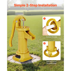 Well Hand Pitcher Pump, 25 ft Maximum Lift, Antique Cast Iron Manual Hand Water Pump, NPT 1-1/4 in Connection, Easy Installation, Old Fashioned for Outdoor Garden, Pond, Backyard, Farm, Yellow
