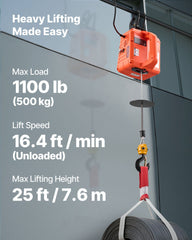 3-in-1 Electric Hoist Winch, 500 kg Capacity, 1500W Portable Electric Power Winch, 7.6 m Lifting Height, 5 m/min with Manual, Wired & Wireless Remote Control for Factory, Warehouss, Garage