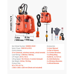 3-in-1 Electric Hoist Winch, 500 kg Capacity, 1500W Portable Electric Power Winch, 7.6 m Lifting Height, 5 m/min with Manual, Wired & Wireless Remote Control for Factory, Warehouss, Garage