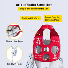 Twin Sheave Block and Tackle 1.02-1.27cm 3048-6096cm Twin Sheave Block with Braid Rope 2993.71-3494.93kgs Double Pulley Rigging