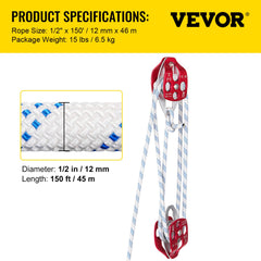Twin Sheave Block and Tackle 1.02-1.27cm 3048-6096cm Twin Sheave Block with Braid Rope 2993.71-3494.93kgs Double Pulley Rigging