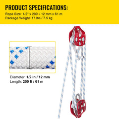 Twin Sheave Block and Tackle 1.09-1.27cm 3048-6096cm Twin Sheave Block with Braid Rope 30-35KN 2994-3495KGS Double Pulley Rigging (1/2" x 200')