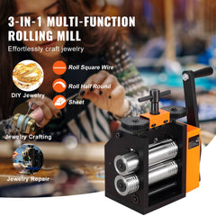 Rolling Mill, 3"/76 mm Jewelry Rolling Mill Machine, 1: 2 Gear Ratio, 3-in-1 Multi-function Rolling Mill, 0.1-7mm Press Thickness for Metal Jewelry Making Sheet Square Wire Semicircle Pattern