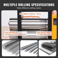 Rolling Mill, 3"/76 mm Jewelry Rolling Mill Machine, 1: 2 Gear Ratio, 3-in-1 Multi-function Rolling Mill, 0.1-7mm Press Thickness for Metal Jewelry Making Sheet Square Wire Semicircle Pattern