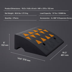 Rubber Curb Ramp 2 Pack, 15.2 cm Rise Height Heavy-Duty 15 tons Load Capacity Threshold Ramps, Driveway Ramps with Stable Grid Structure for Cars, Wheelchairs, Bikes, Motorcycles