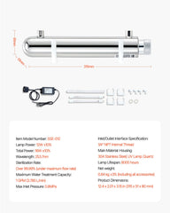 UV Water Purifier, 12W 1GPM, 220V Versatile Ultraviolet Water Purifier Filter with Stainless Steel Housing, Whole House UV Water Filter with Quartz Sleeve Fit for Shower/Drinking/Cleaning