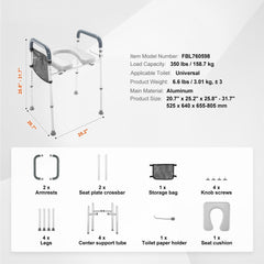 Raised Toilet Seat, 7-Position Height Adjustment 655-805 Mm, 158.7 kg Weight Capacity, with Comfort Padded Aluminum Frame, Universal Toilet Seat Riser, for Elderly, Handicap, Pregnant, Medical