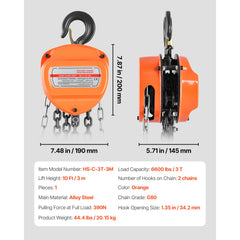 Hand Chain Hoist, 3 Ton Capacity, Manual Chain Block with Upgrade G80 Galvanized Chain, 3 m Lifting Height, Heavy Duty Pulley Hoist for Garage Warehouse Automotive Machinery, Orange