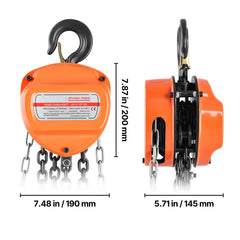 Hand Chain Hoist, 3 Ton Capacity, Manual Chain Block with Upgrade G80 Galvanized Chain, 3 m Lifting Height, Heavy Duty Pulley Hoist for Garage Warehouse Automotive Machinery, Orange