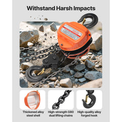 Hand Chain Hoist, 3 Ton Capacity, Manual Chain Block with Upgrade G80 Galvanized Chain, 6 m Lifting Height, Heavy Duty Pulley Hoist for Garage Warehouse Automotive Machinery, Orange