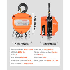 Hand Chain Hoist, 3 Ton Capacity, Manual Chain Block with Upgrade G80 Galvanized Chain, 6 m Lifting Height, Heavy Duty Pulley Hoist for Garage Warehouse Automotive Machinery, Orange