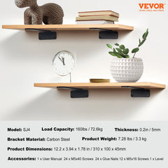 Shelf Bracket, 31cmL x 10cmW x 4.5cmH 6 Pcs, Heavy Duty Floating Shelf Brackets, Brackets for Shelves, 5mm Thick Matte Black L Shelf Bracket,Steel Shelving Brackets with 72.6 kg Load Capacity