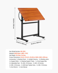 Drafting Table Adjustable 0°–90° Tilt Wooden Drawing Desk with H-Frame