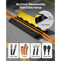 Cable Protector Ramp, 9,979 kg/axle Capacity, 2 Channel Heavy Duty Rubber Cord Hose Wire Cover, 55 x 50 mm Channel, Traffic Speed Bump with Flip-Open Top Cover, for Indoor Outdoor Use, 1 Pack