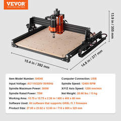 CNC Router Machine, 300W, 3 Axis GRBL Control Wood Engraving Carving Milling Machine Kit, 15.75 x 15.75 x 2.36 in / 400 x 400 x 60 mm Working Area 1200 RPM for Wood Acrylic MDF PVC Plastic Foam