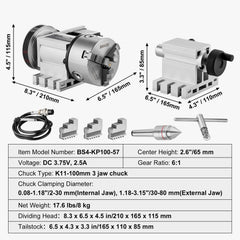 Dividing Head, K11-100mm 3-Jaw Chuck, CNC Router Milling Machine Rotational Axis 4th Axis A Axis Indexing Head, 65 mm Center Height MT2 Tailstock 6:1 Gear Ratio, Universal for Engraving