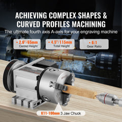 Dividing Head, K11-100mm 3-Jaw Chuck, CNC Router Milling Machine Rotational Axis 4th Axis A Axis Indexing Head, 65 mm Center Height MT2 Tailstock 6:1 Gear Ratio, Universal for Engraving