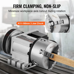 Dividing Head, K11-100mm 3-Jaw Chuck, CNC Router Milling Machine Rotational Axis 4th Axis A Axis Indexing Head, 65 mm Center Height MT2 Tailstock 6:1 Gear Ratio, Universal for Engraving