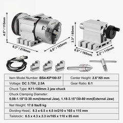 Dividing Head, K11-100mm 3-Jaw Chuck, CNC Router Milling Machine Rotational Axis 4th Axis A Axis Indexing Head, 65 mm Center Height MT2 Tailstock 6:1 Gear Ratio, Universal for Engraving