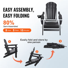 Adirondack Chair Plastic, Set of 2 All-Weather Portable Folding Fire Pit Chair, Outdoor Adirondack Patio Chair with Cup Holder, with Relaxing Arm Rest Ergonomic, for Garden, Backyard - Black