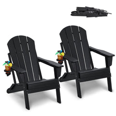 Adirondack Chair Plastic, Set of 2 All-Weather Portable Folding Fire Pit Chair, Outdoor Adirondack Patio Chair with Cup Holder, with Relaxing Arm Rest Ergonomic, for Garden, Backyard - Black