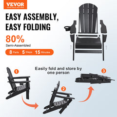 Adirondack Chair Plastic, Set of 2 All-Weather Portable Folding Fire Pit Chair, Outdoor Adirondack Patio Chair with Cup Holder, with Relaxing Arm Rest Ergonomic, for Garden, Backyard - Black