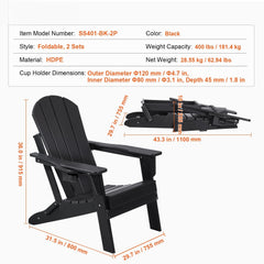 Adirondack Chair Plastic, Set of 2 All-Weather Portable Folding Fire Pit Chair, Outdoor Adirondack Patio Chair with Cup Holder, with Relaxing Arm Rest Ergonomic, for Garden, Backyard - Black