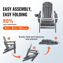 Adirondack Chair Plastic, Set of 2 All-Weather Portable Folding Fire Pit Chair, Outdoor Adirondack Patio Chair with Cup Holder, with Relaxing Arm Rest Ergonomic, for Garden, Backyard - Gray