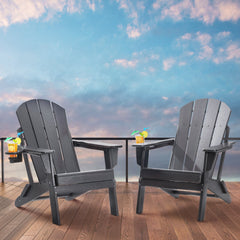 Adirondack Chair Plastic, Set of 2 All-Weather Portable Folding Fire Pit Chair, Outdoor Adirondack Patio Chair with Cup Holder, with Relaxing Arm Rest Ergonomic, for Garden, Backyard - Gray