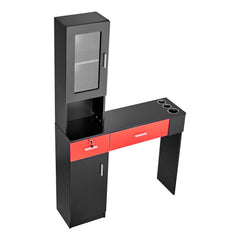 Salon Station, Wall Mount Barber Salon Station for Hair Stylist, Beauty Spa Furniture Set, 1 Storage Cabinet, 3 Cubbies and 2 Drawers(One Lockable), Black and Red