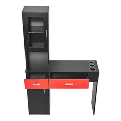 Salon Station, Wall Mount Barber Salon Station for Hair Stylist, Beauty Spa Furniture Set, 1 Storage Cabinet, 3 Cubbies and 2 Drawers(One Lockable), Black and Red