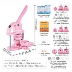 Button Maker, 1/1.25/2.28 inch(25/32/58mm) 3-IN-1 Pin Maker, 300pcs Button Parts, Button Maker Machine with Panda Magic Book, Ergonomic Arc Handle Punch Press Kit, For Children DIY Gifts, Pink