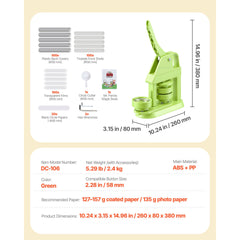 Button Maker Machine, 58 mm, Plastic Pin Maker with 100pcs Button Parts, Mr. Panda Magic Book, Circle Cutter and Hex Wrenches, Reinforced Ergonomic Handle, for DIY Badges, Personalized Pins