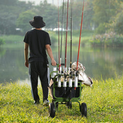 Beach Fishing Cart, 136kg Load Capacity, Foldable Fish and Marine Cart with Four 280mm Big Wheels Rubber Balloon Tires, Heavy-Duty Steel Pier Wagon Trolley with 8 Rod Holders for Picnic