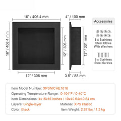 Shower Niche Ready for Tile 40.64 x 40.64 cm, Single Shelf Organizer, Square Corners Wall-inserted Niche Recessed, Sealed Protection Modern Soap Storage Niche for Shower Bathroom, Black