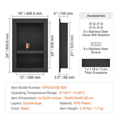 Shower Niche Ready for Tile 40.64 x 60.96 cm, 16 x 24 inch Double Shelf Organizer, Square Corners Wall-inserted Niche Recessed, Sealed Protection Modern Soap Storage Niche for Shower Bathroom, Black